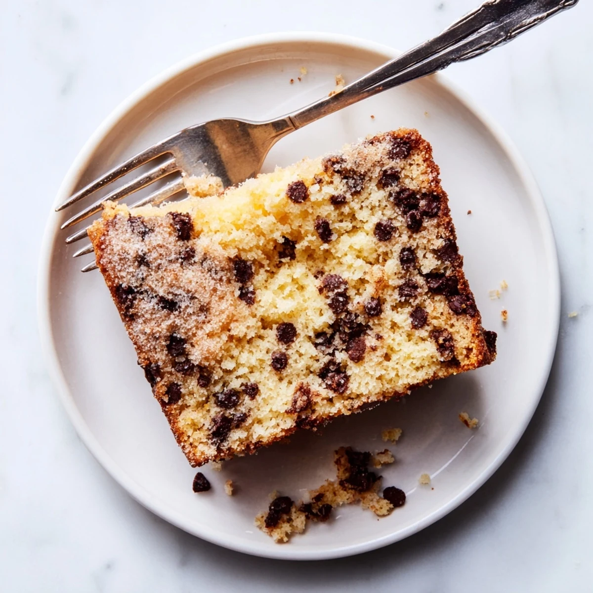 Sliced Chocolate Chip Cake plated with a dollop of whipped cream, ideal for afternoon tea or festive gatherings in the US.