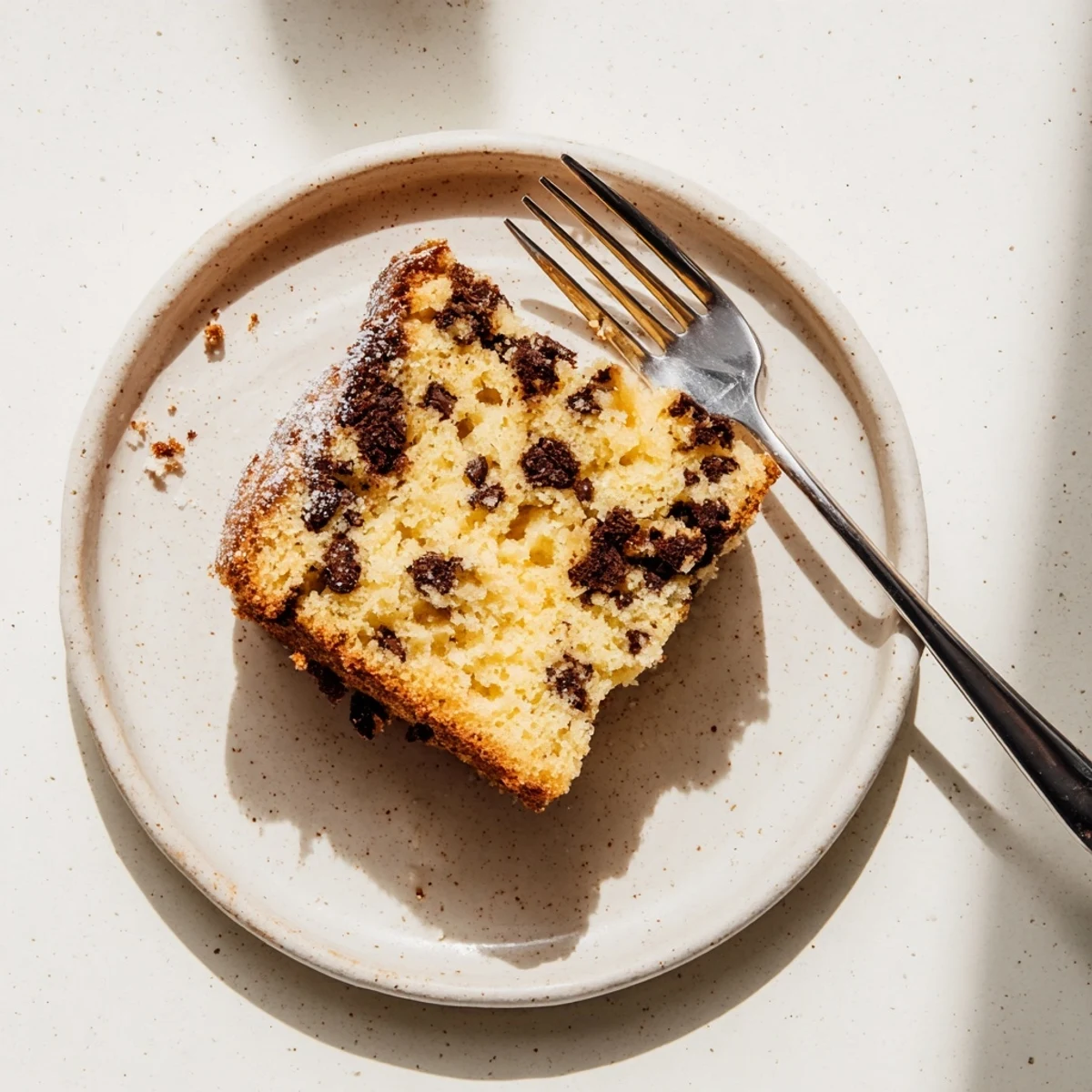 A close-up of moist Chocolate Chip Cake showing tender crumb and melted semi-sweet chips, dusted with coarse sugar topping.