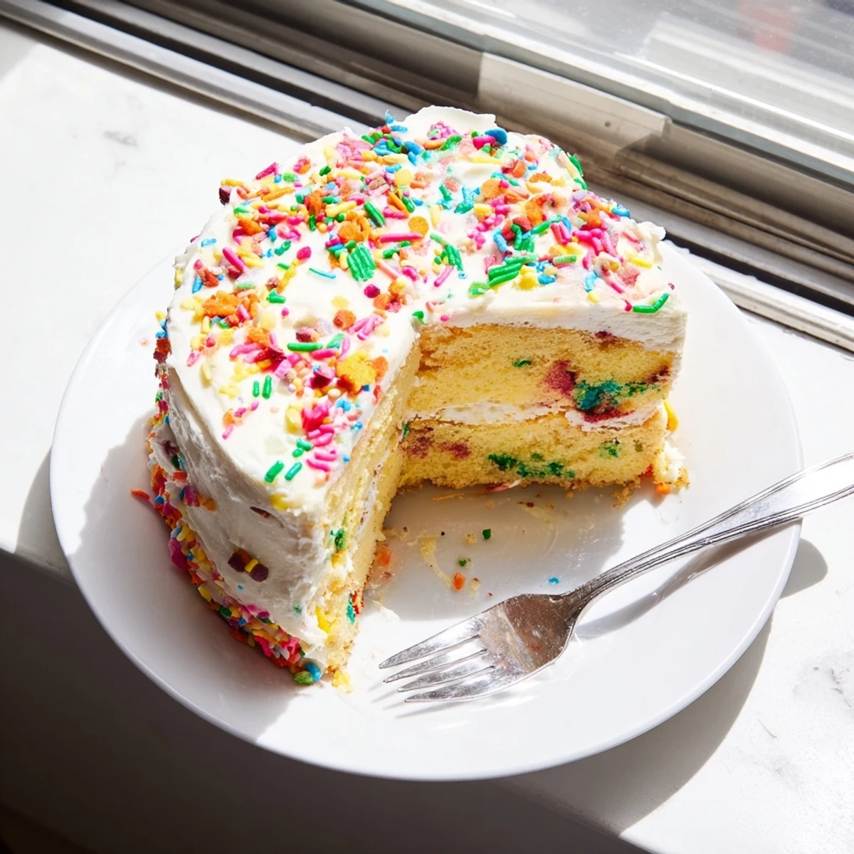 Gluten-Free Funfetti Birthday Cake displayed on a white plate with frosting swirls.