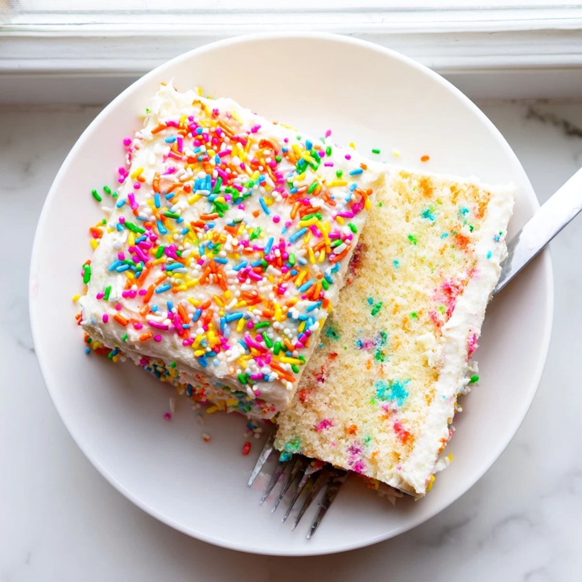 Gluten-Free Funfetti Birthday Cake slices show colorful speckles and soft crumb texture.