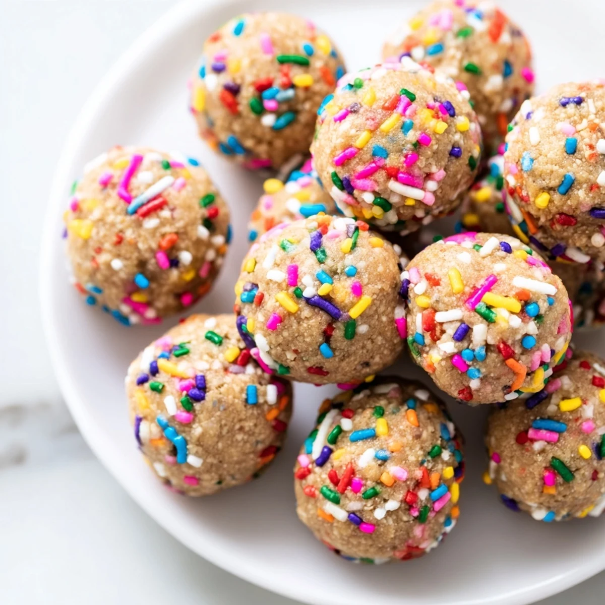 A hand holding one Birthday Cake Batter Protein Ball above a platter, ready to be eaten as a sweet snack.