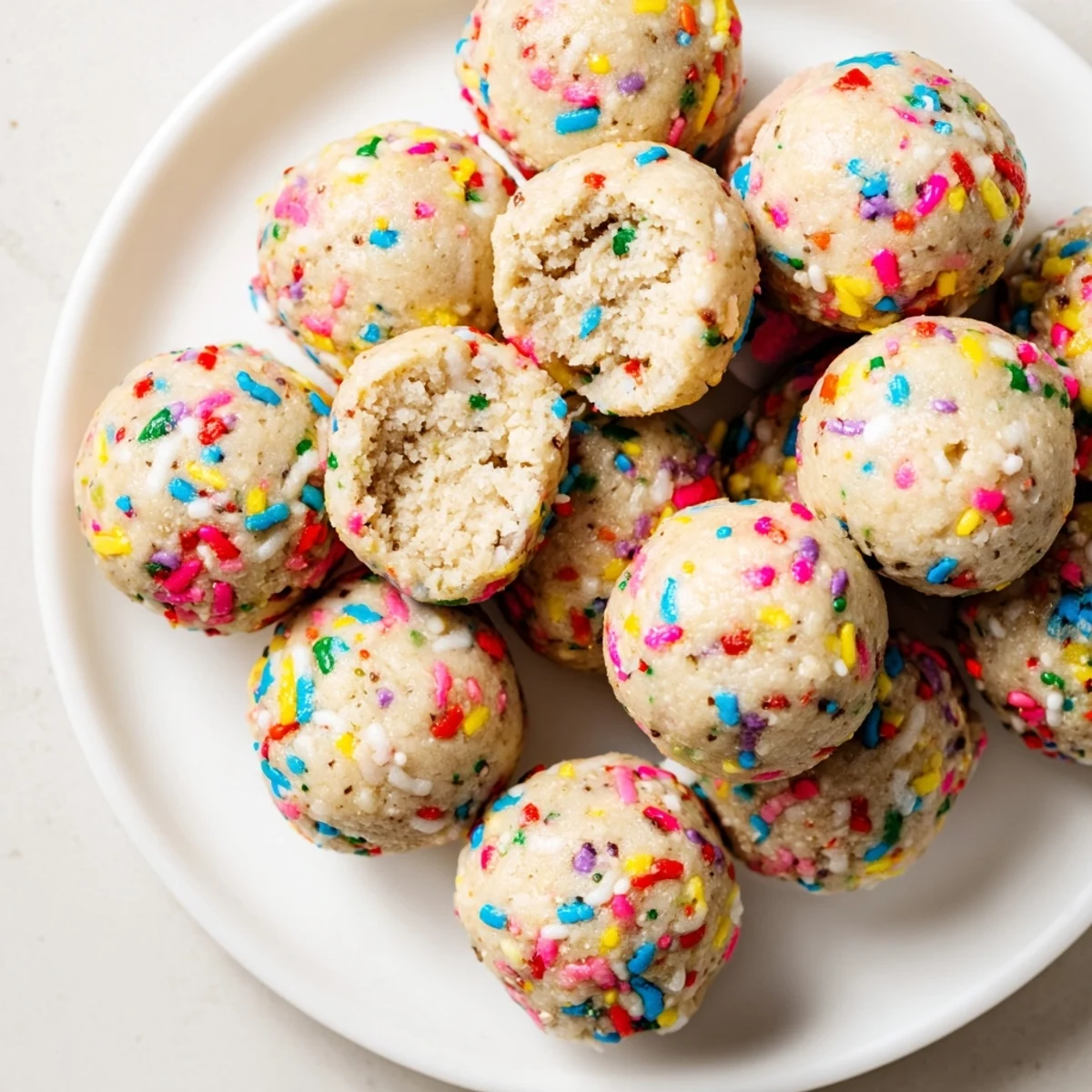 A close-up of Birthday Cake Batter Protein Balls on a marble surface, showing the colorful rainbow sprinkles and soft texture.