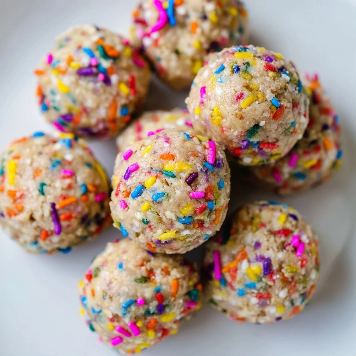 A batch of Birthday Cake Batter Protein Balls arranged on parchment paper with a glass of milk for dipping.