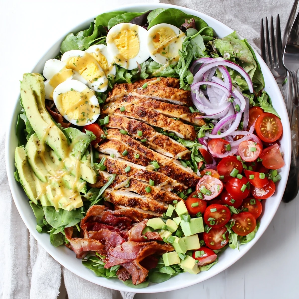 Paleo Grilled Chicken Cobb Salad With Honey Dijon Dressing displayed on a rustic wooden table.