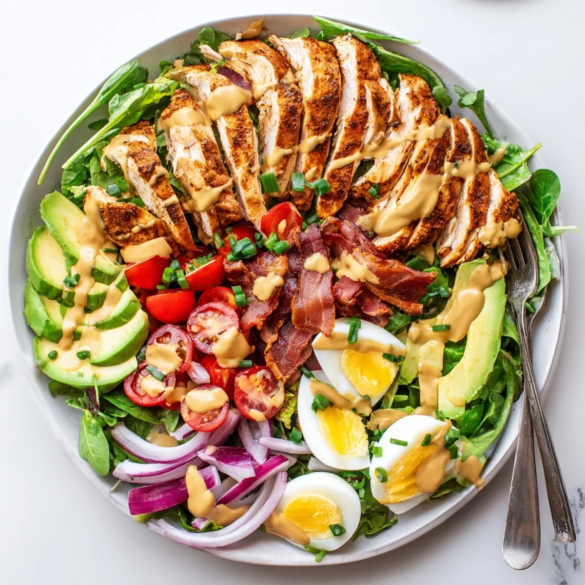 Fresh grilled chicken, crisp greens, and smoky bacon on Paleo Grilled Chicken Cobb Salad With Honey Dijon Dressing.