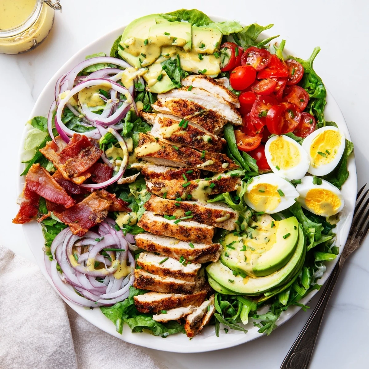 Close-up of Paleo Grilled Chicken Cobb Salad With Honey Dijon Dressing drizzled with tangy honey dijon dressing.
