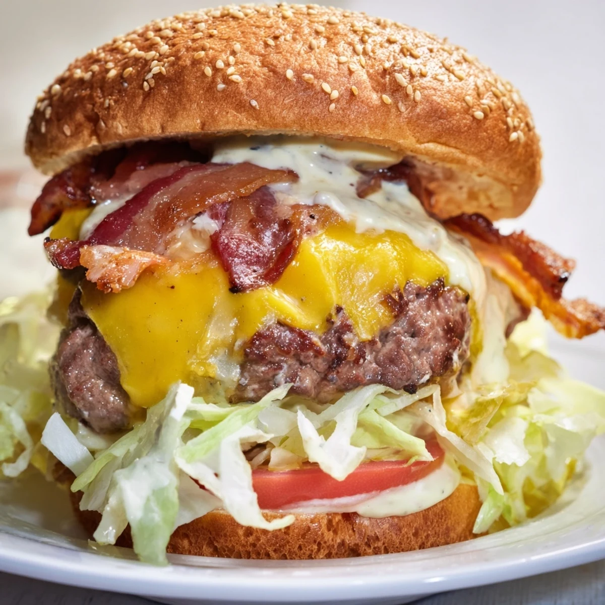 Juicy Crack Burgers feature toasted buns stacked with melted cheddar, crispy bacon, and creamy ranch dressing.