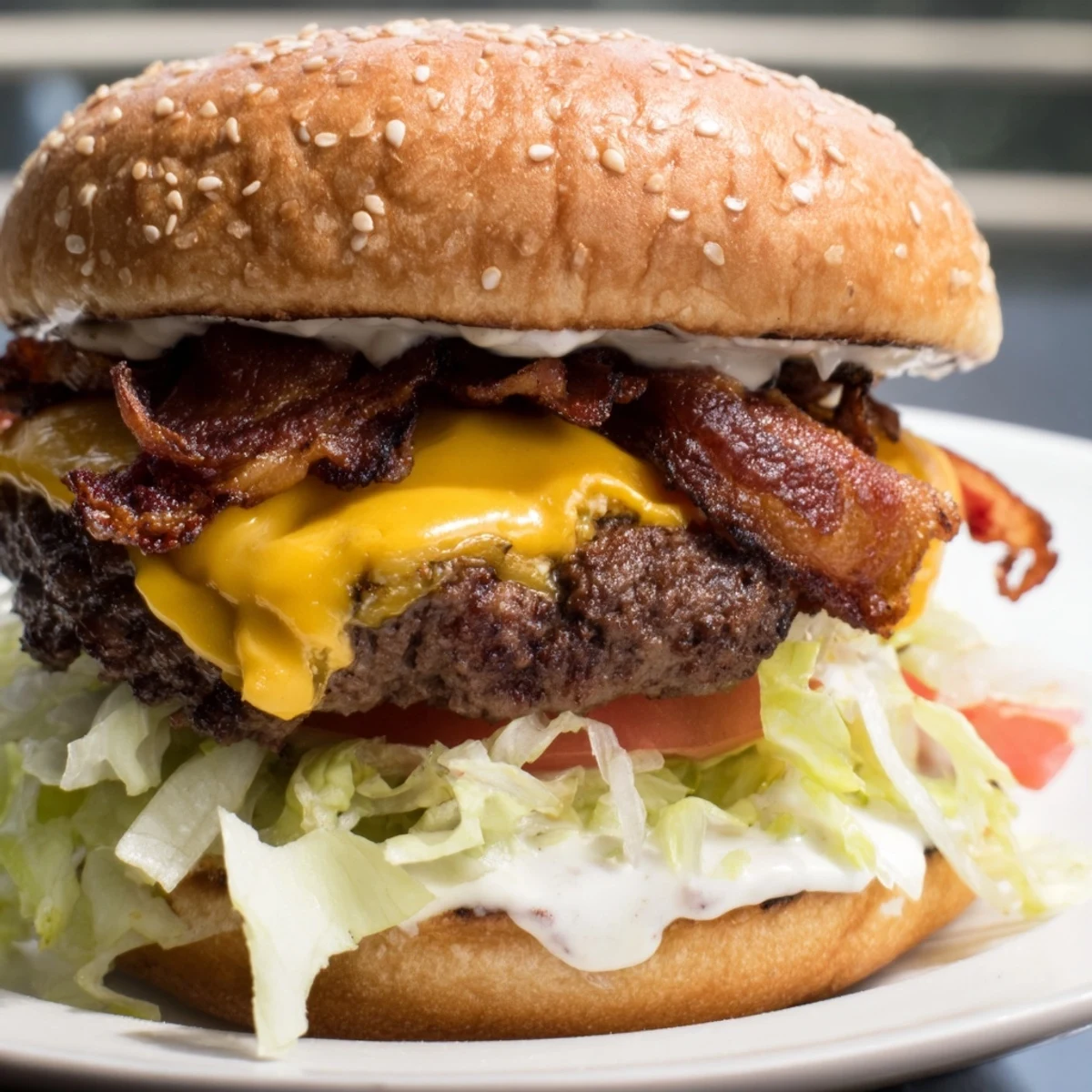 Stacked high with lettuce and tomato, these Crack Burgers overflow with flavor on a rustic wooden table.
