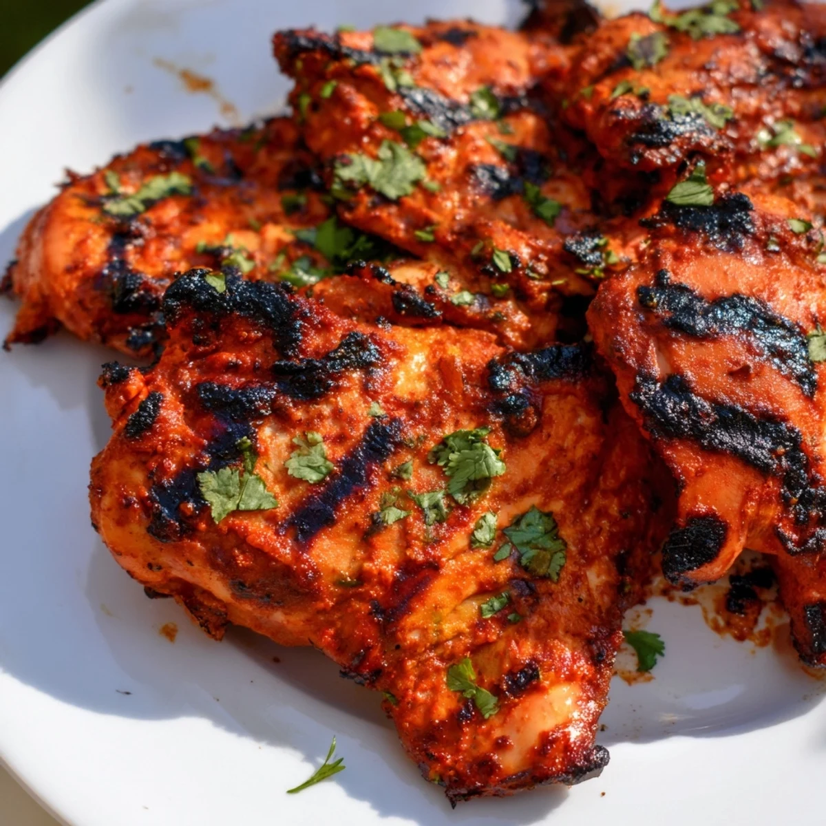 Tender yogurt-marinated chicken thighs with smoky grill marks served alongside bright lemon wedges