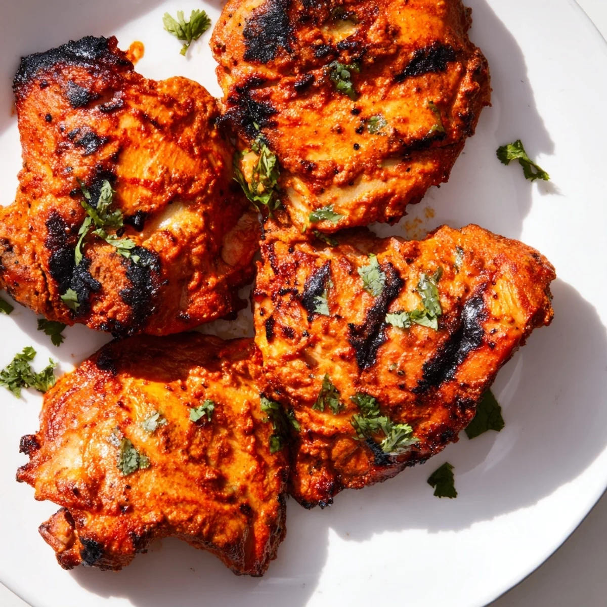 Charred grilled tandoori chicken pieces arranged on a white platter with fresh cilantro garnish