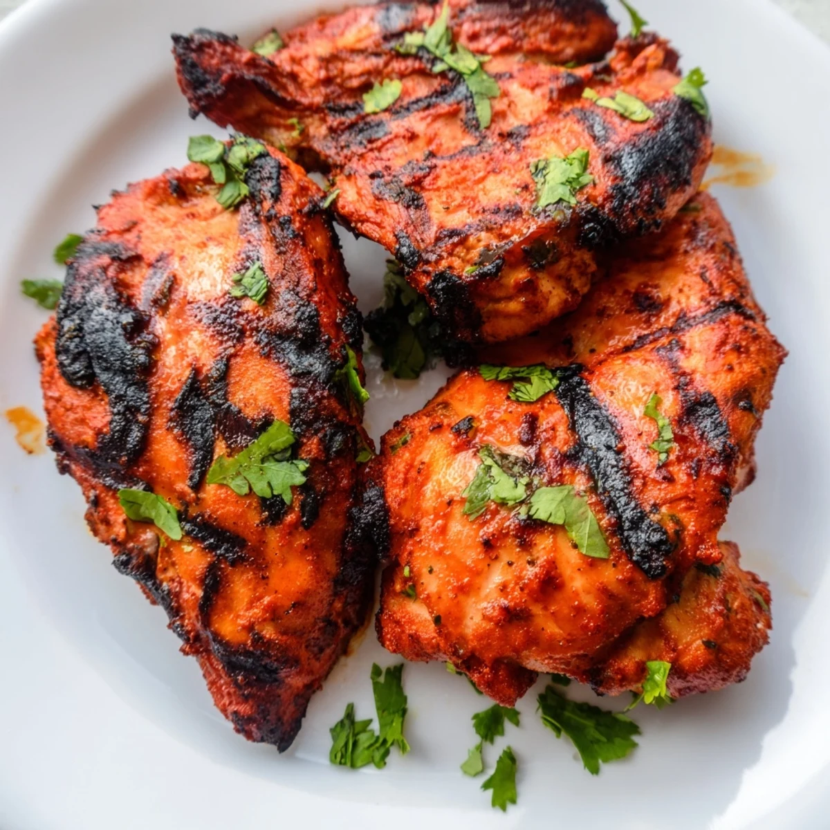 Beautiful Indian-style grilled tandoori chicken displaying vibrant red spices and caramelized edges