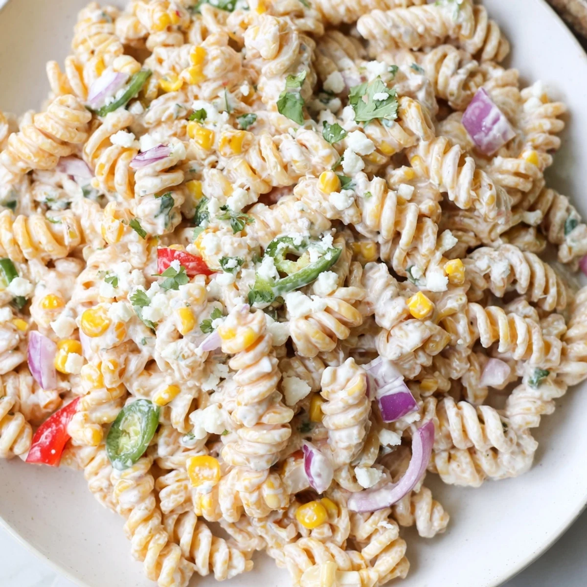 Colorful Mexican street corn pasta salad tossed in creamy lime dressing with cotija cheese
