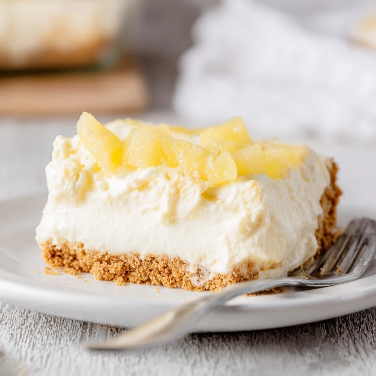 Golden graham cracker crust holds luscious pineapple cheesecake filling on white dessert plate