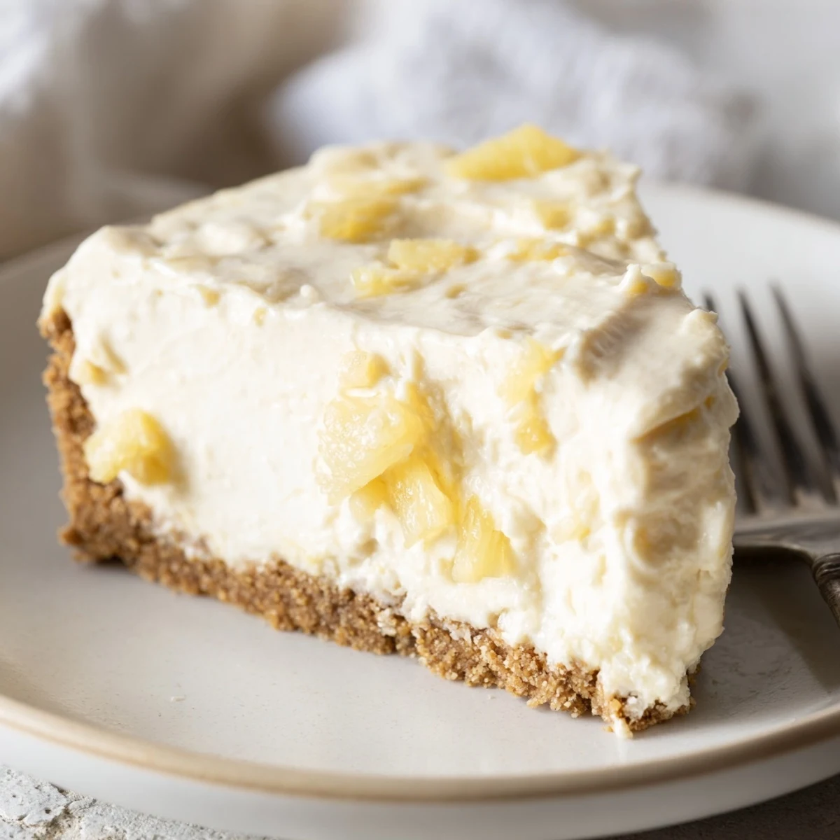 Summer no bake pineapple cheesecake with tropical pineapple chunks and fluffy whipped cream garnish