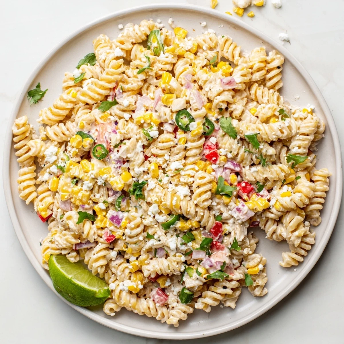 Colorful street corn pasta salad with charred sweet corn, cotija cheese, and creamy spicy dressing