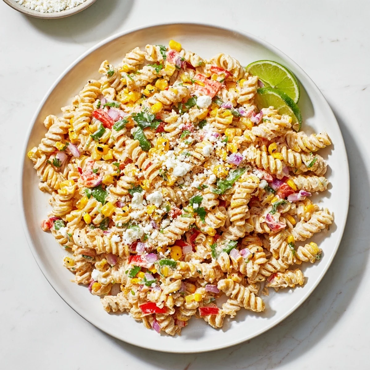 Vibrant Mexican-inspired pasta salad bowl featuring grilled corn kernels, red peppers, and zesty lime mayonnaise