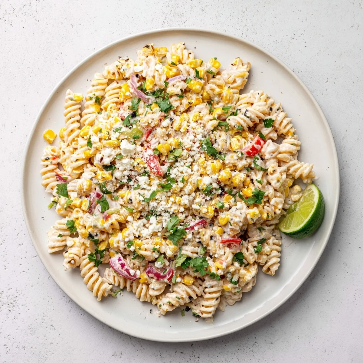Heaping serving of juicy street corn pasta salad topped with crumbled cheese and fresh cilantro garnish