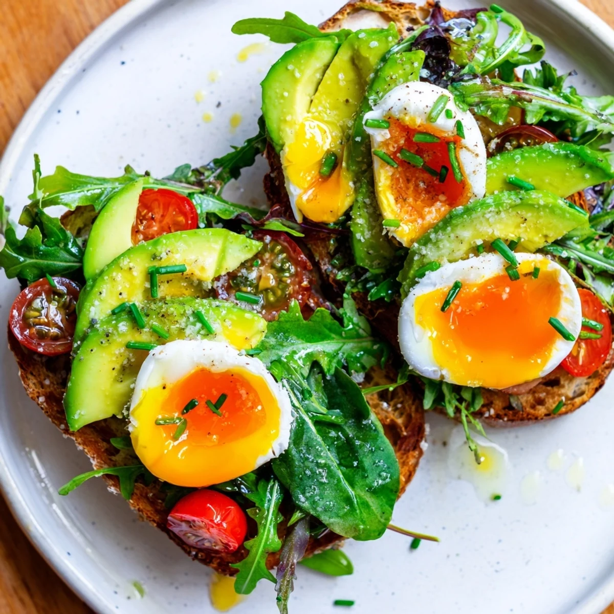 Golden soft-boiled eggs resting atop crisp toast with fresh greens and sliced avocado