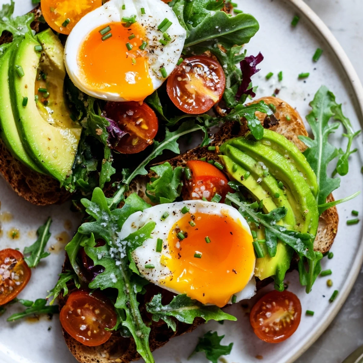 Wholesome savory breakfast plate featuring jammy eggs, arugula, and cherry tomatoes on artisan bread
