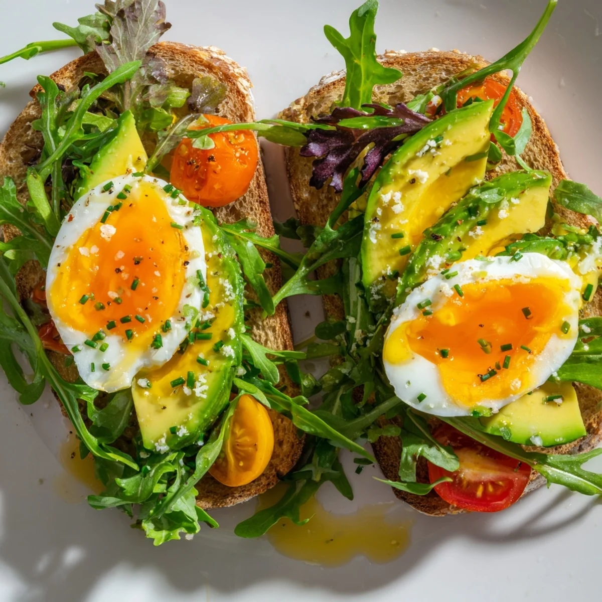 Protein-packed morning meal with soft eggs, mixed greens, and golden toast sprinkled with chives