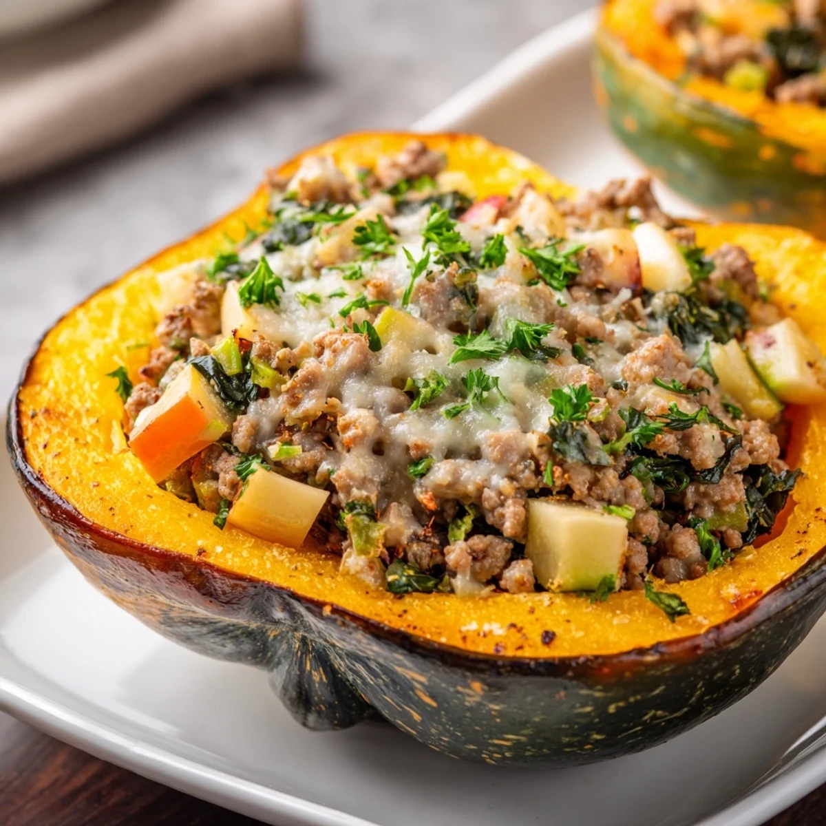 Golden roasted Turkey Stuffed Acorn Squash filled with savory turkey, apple, and vegetables