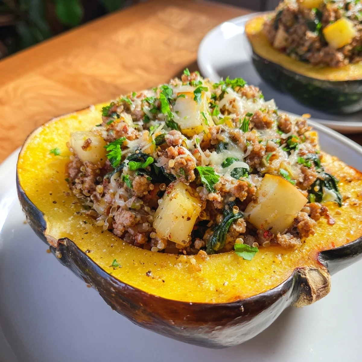 Comforting autumn Turkey Stuffed Acorn Squash with ground turkey, spinach, and aromatic herbs