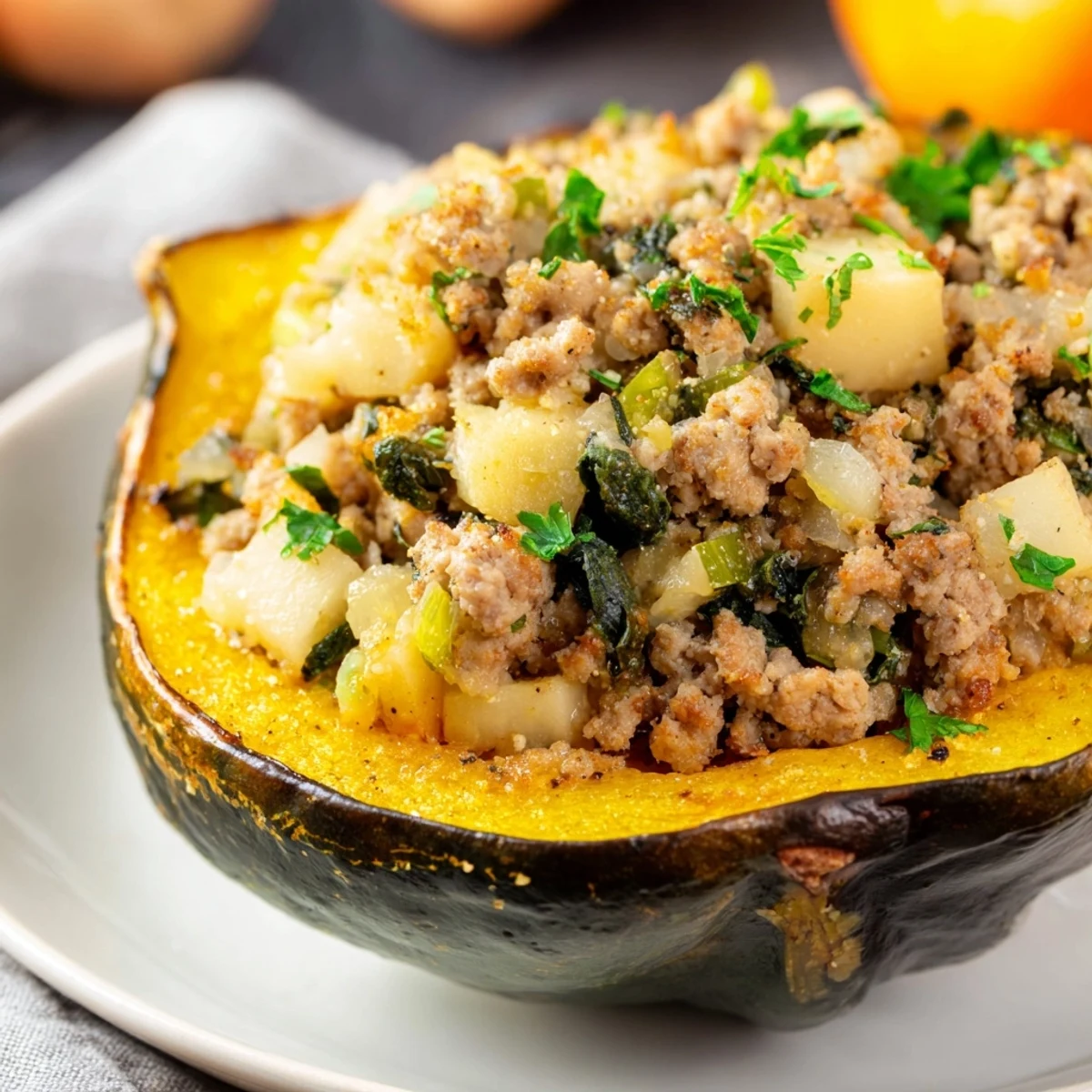 Hearty Turkey Stuffed Acorn Squash halves topped with melted Parmesan and fresh parsley
