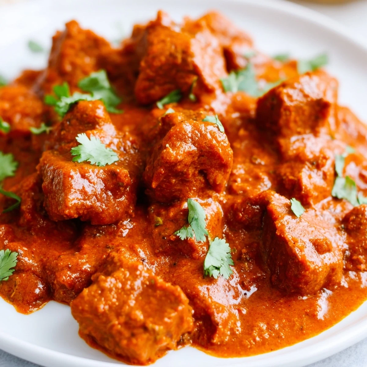Golden chunks of tender beef simmered in rich red tomato curry sauce with fresh cilantro garnish