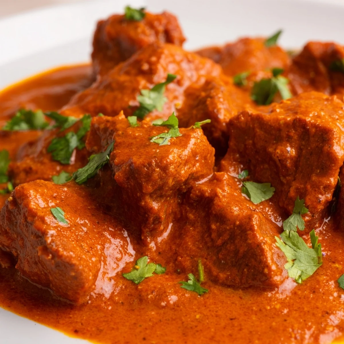 Savory Indian beef curry with aromatic spices served steaming over fluffy white basmati rice bowl