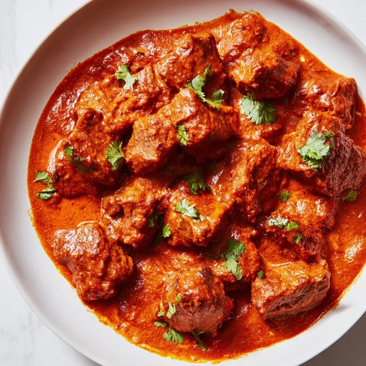 Hearty beef cubes swimming in thick spiced tomato gravy alongside warm naan bread for dipping