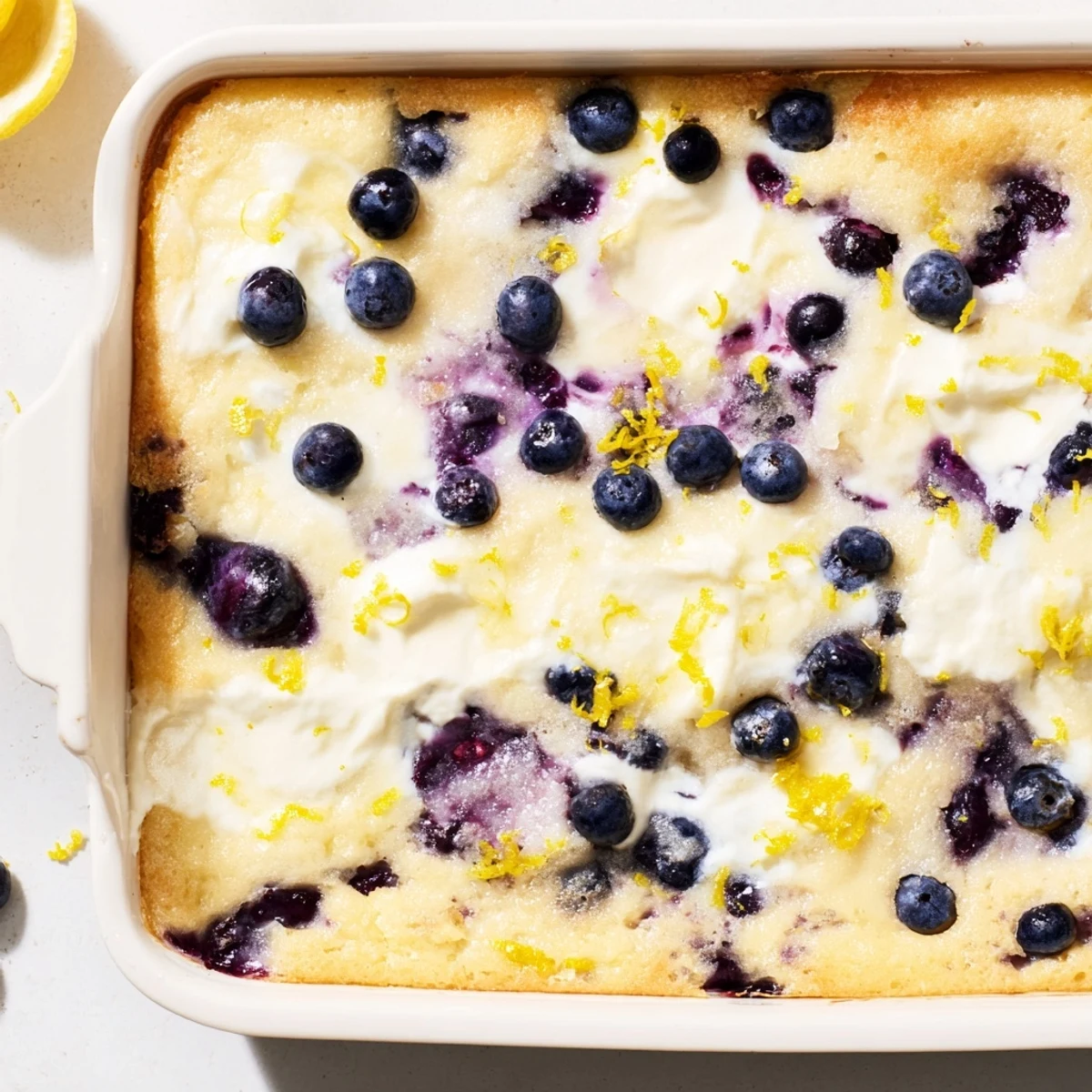 Golden lemon blueberry cheesecake dump cake with bubbling fruit filling and creamy cheesecake swirled beneath a buttery crumble topping