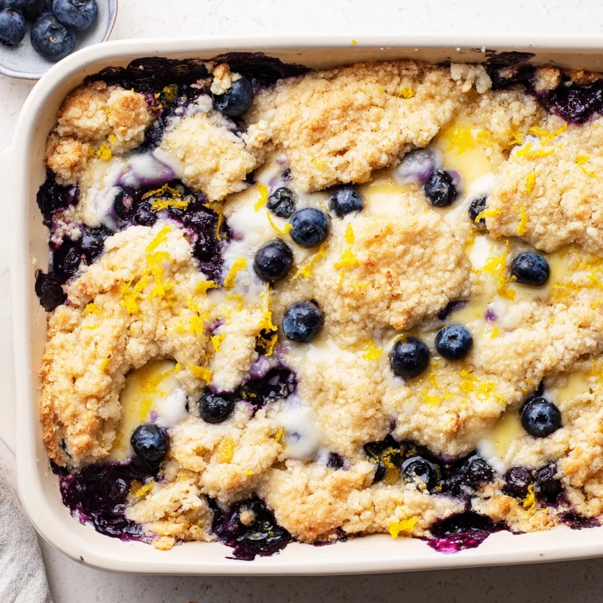 Rustic lemon blueberry cheesecake dump cake fresh from the oven with golden edges and juicy blueberry cheesecake layers visible