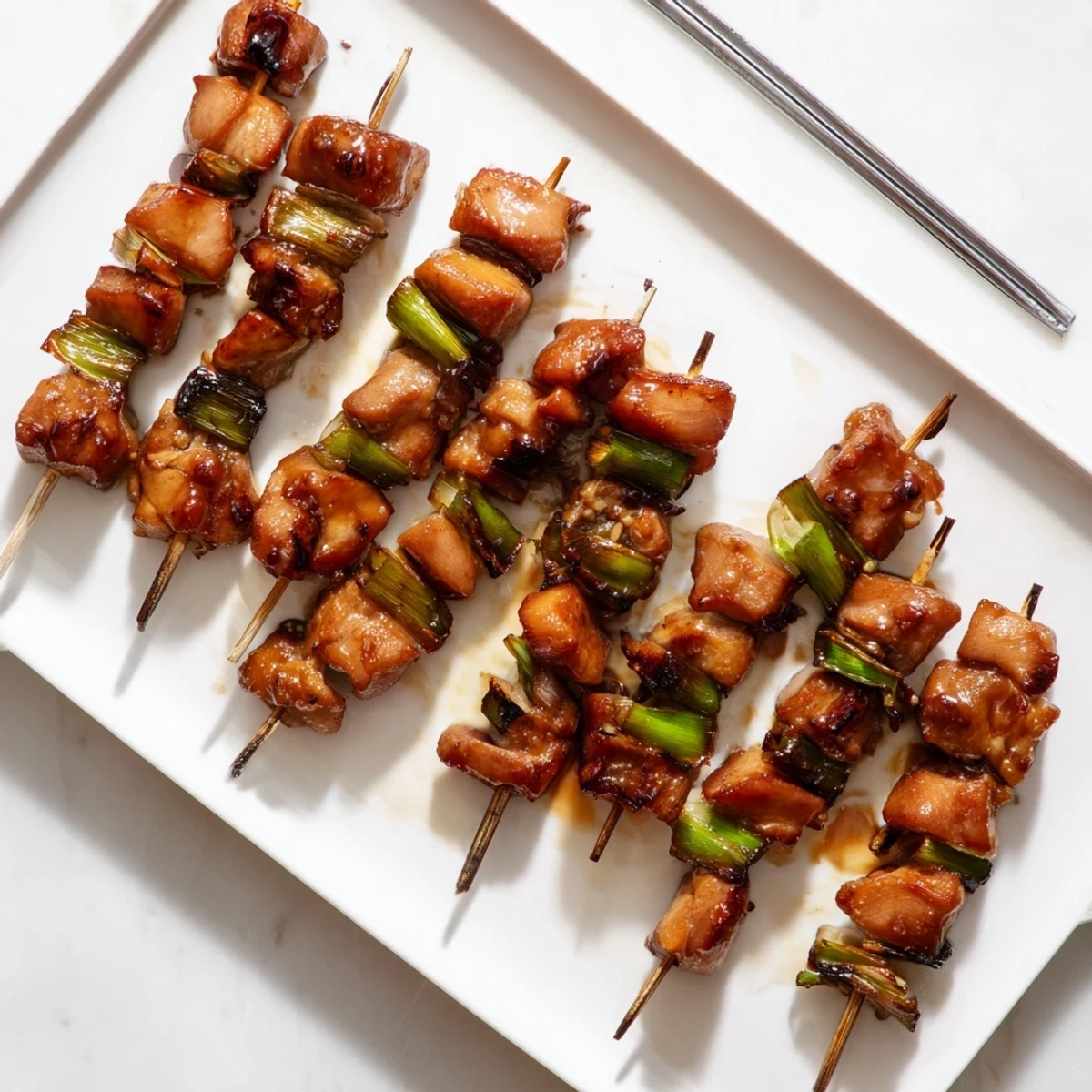 Japanese chicken yakitori on bamboo sticks featuring charred edges and scallion pieces
