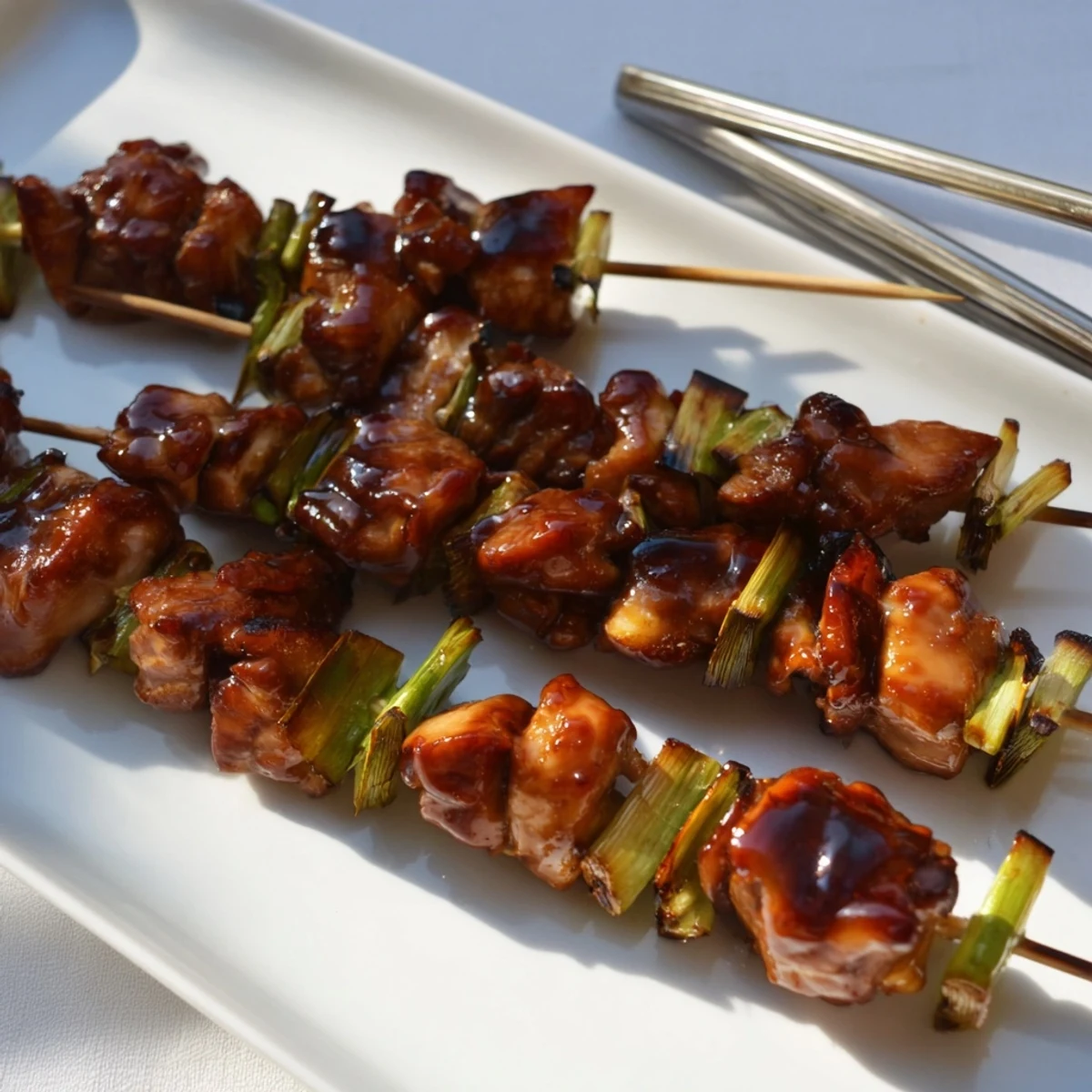 Savory chicken yakitori threaded with green onions and basted with sweet soy glaze