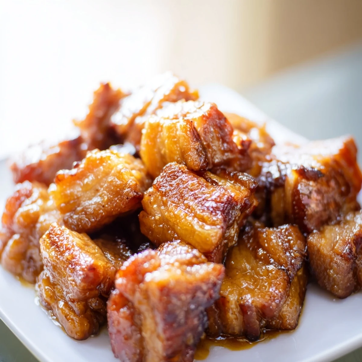 Golden pork belly pieces glazed in tangy sweet and sour sauce atop a vibrant bed of romaine, cucumber, and cherry tomatoes