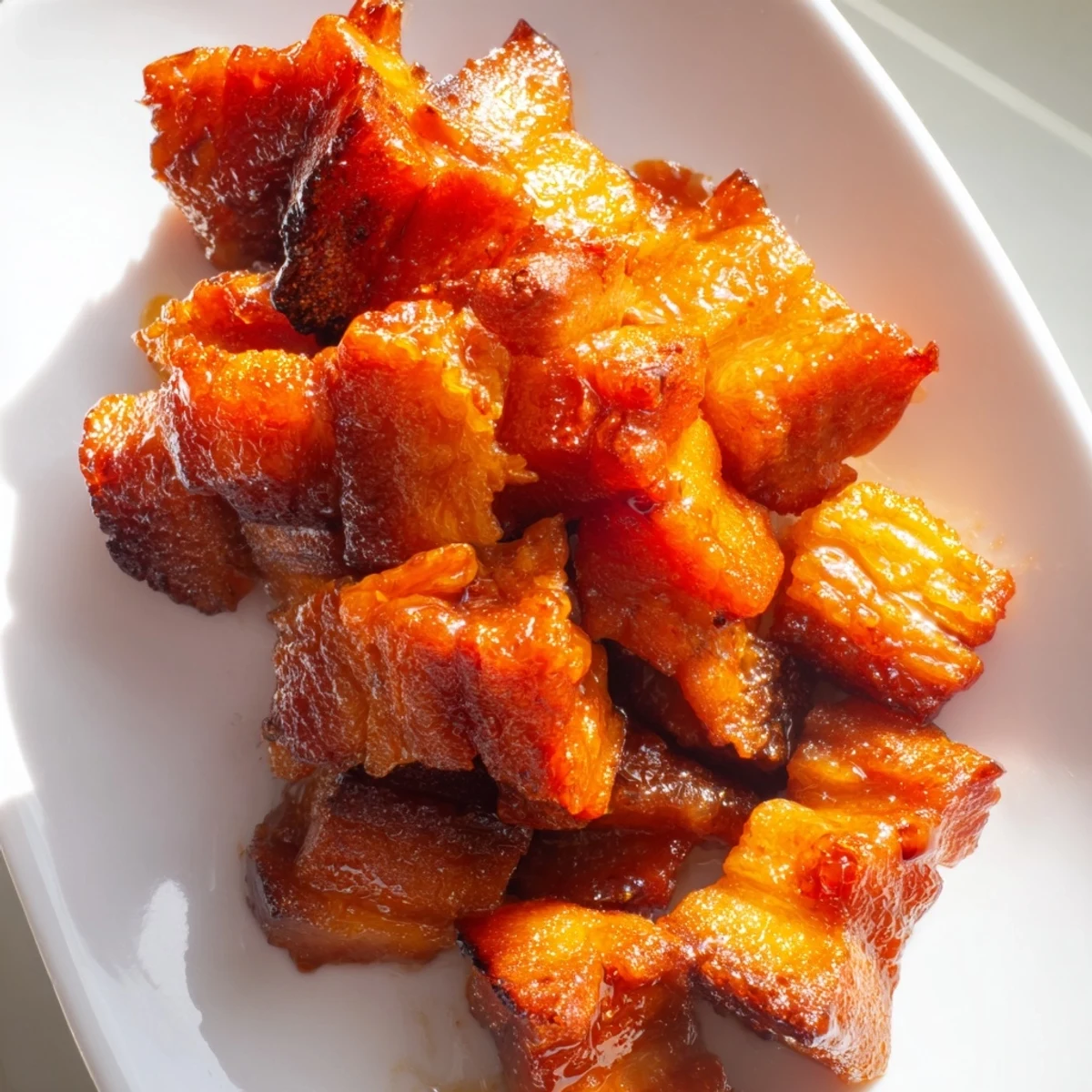 Asian fusion crispy sweet and sour pork belly salad garnished with crushed peanuts and sesame seeds