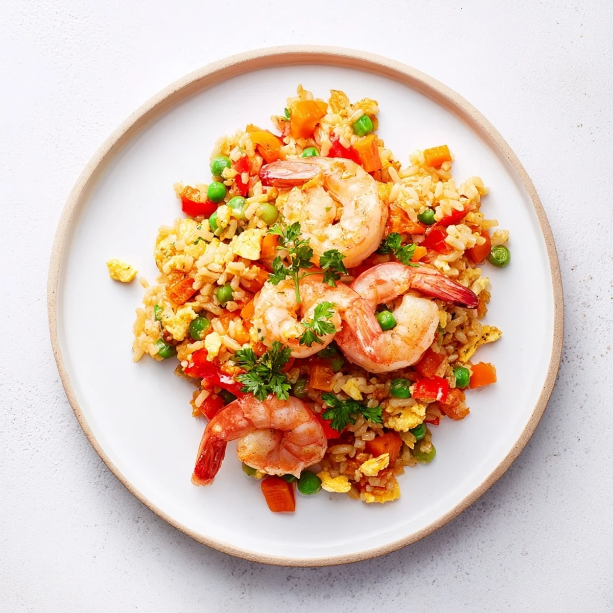 Plate of garlic prawns and sweet chilli fried rice garnished with fresh parsley and spring onions
