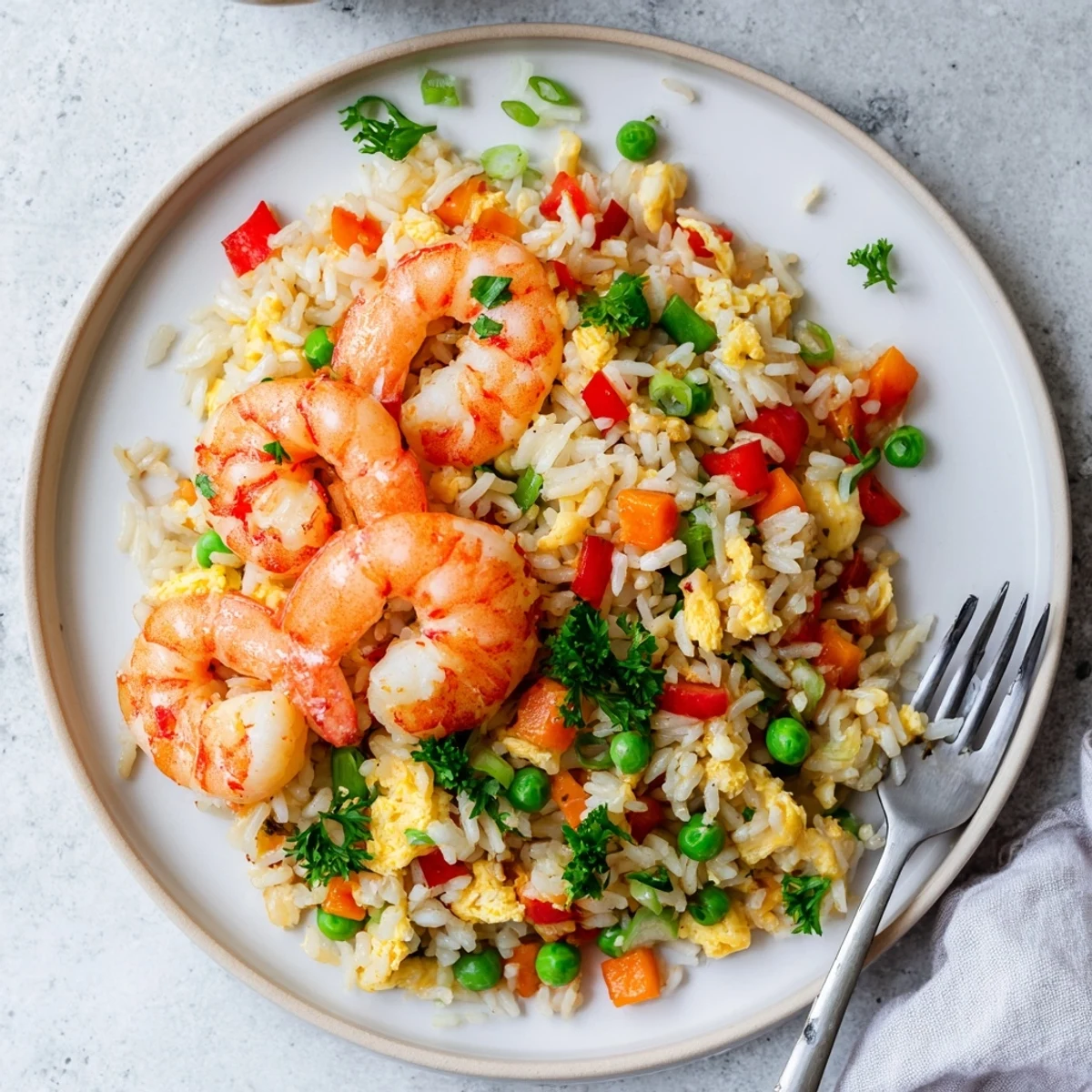 Garlic prawns and sweet chilli fried rice featuring tender pink shrimp atop colorful vegetable-studded rice