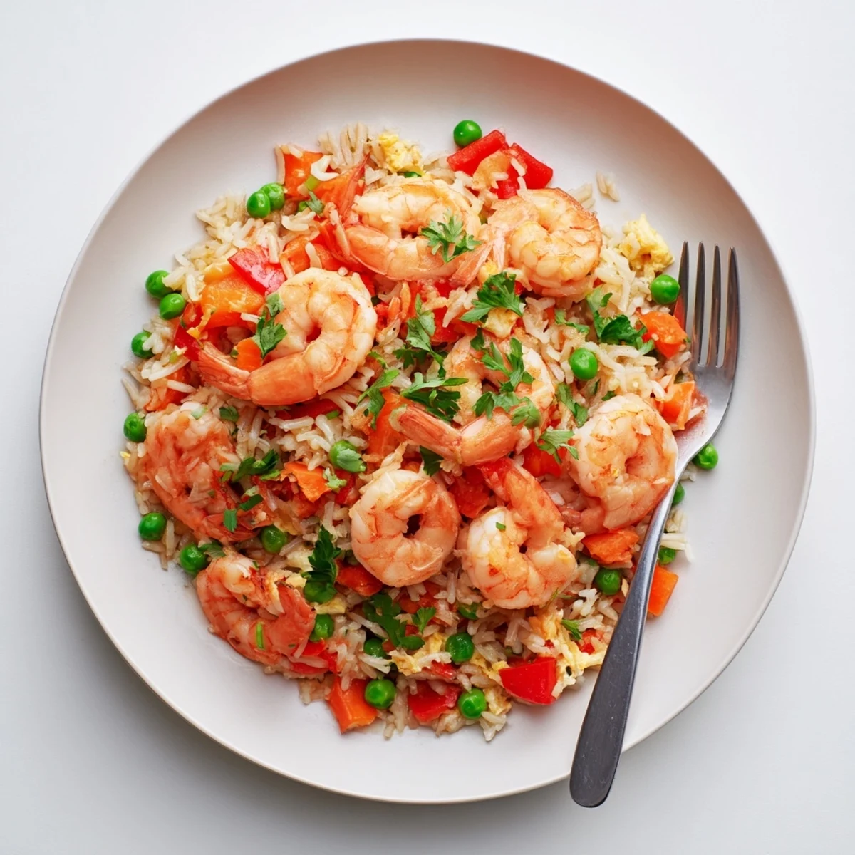 Asian-style garlic prawns and sweet chilli fried rice served in a white bowl with vibrant diced vegetables
