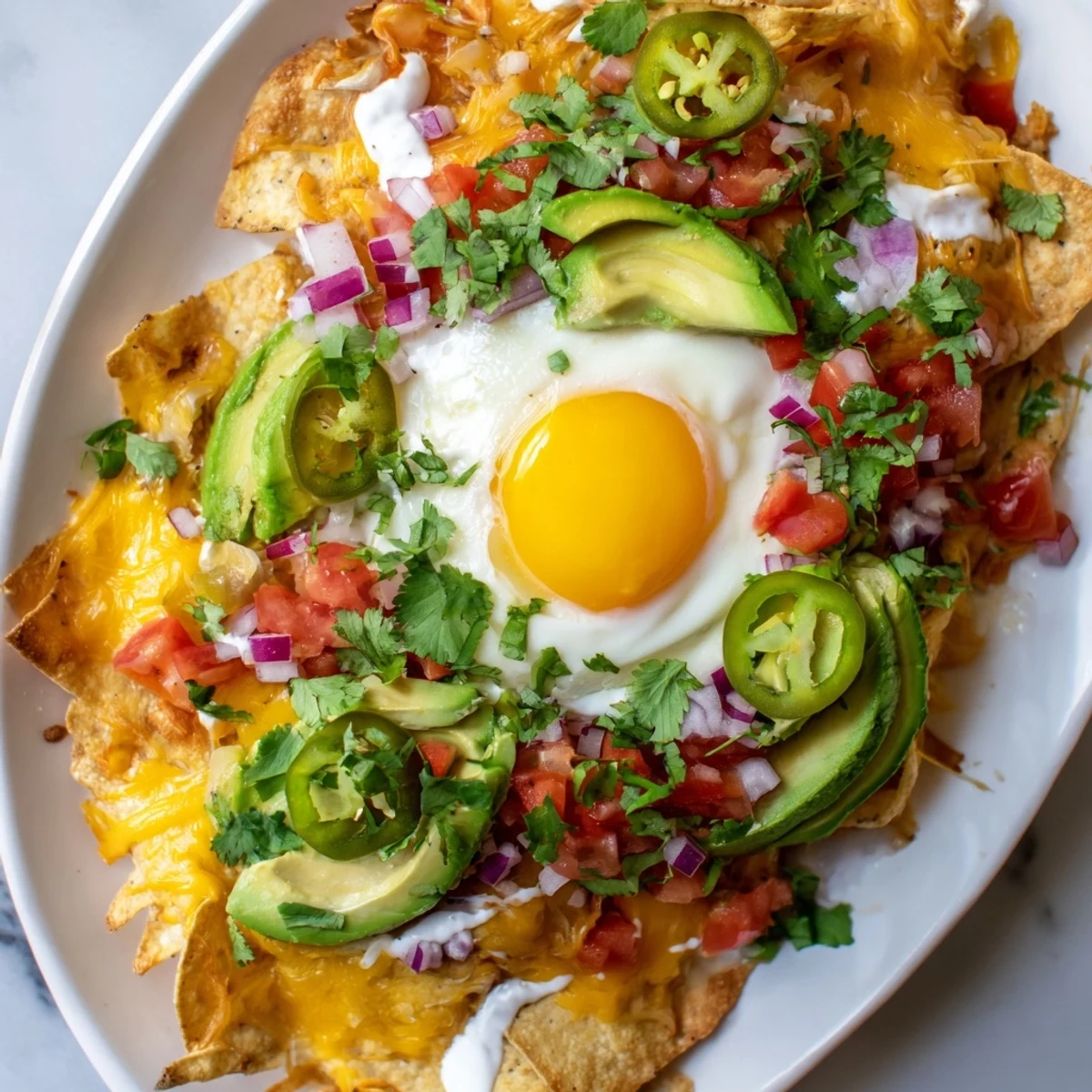 Crispy tortilla chips topped with melted cheese, sunny-side up eggs, fresh avocado, cilantro, and vibrant Mexican Egg Nachos