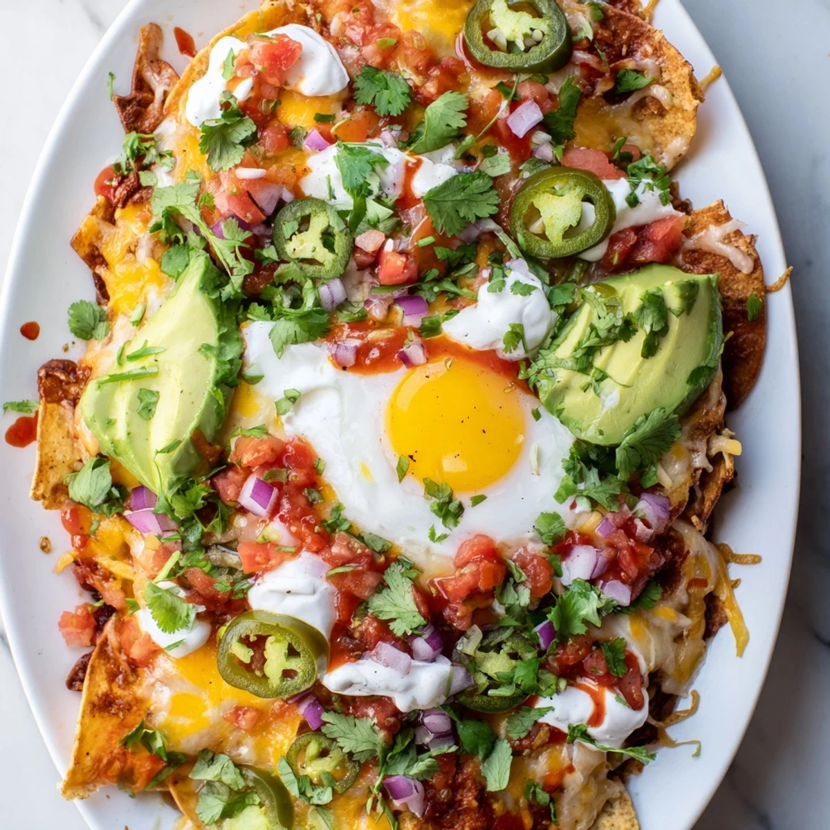 Golden Mexican Egg Nachos breakfast platter with runny yolks, salsa, sour cream, diced tomatoes, and zesty jalapeños