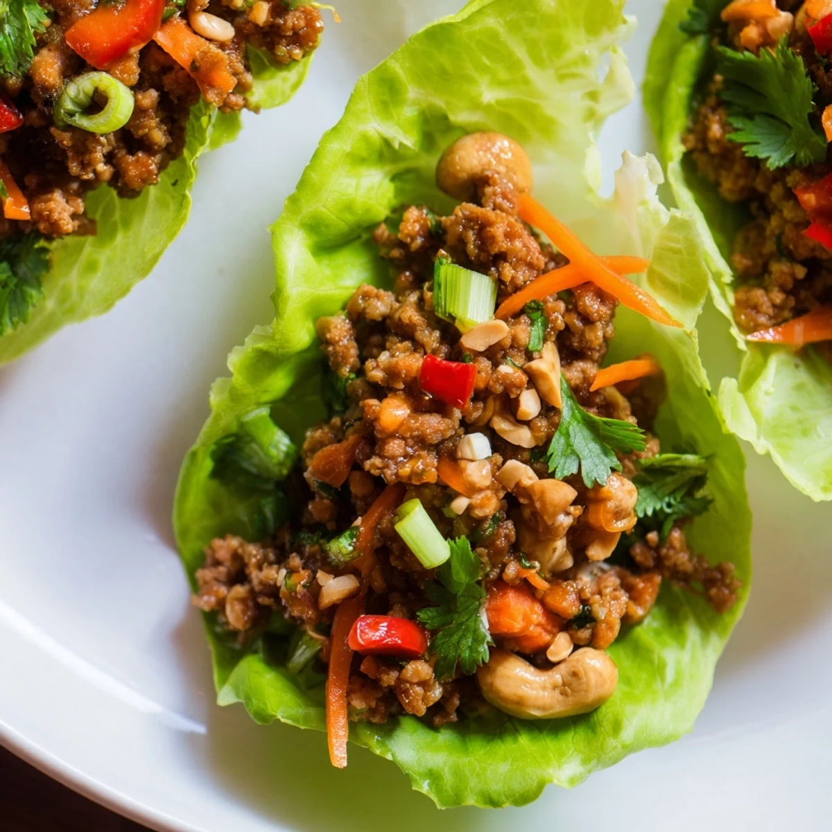 Fresh beef and cashew lettuce cups filled with seasoned meat, colorful vegetables, and crunchy roasted cashews served on a white plate