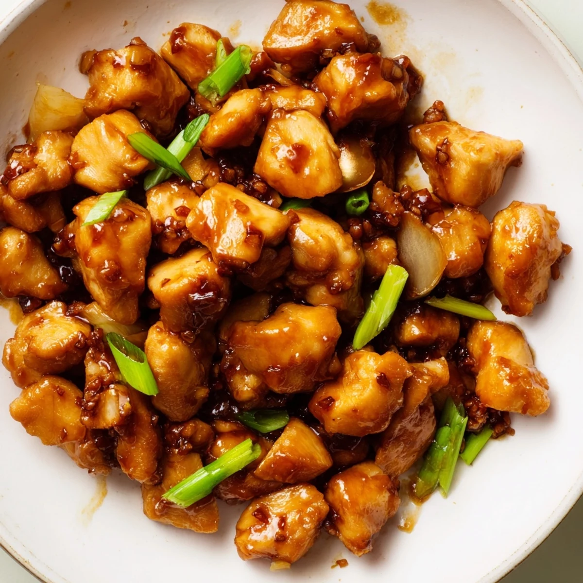 Crispy pan-fried Mongolian chicken thighs dripping with caramelized soy ginger sauce on a rustic wooden platter
