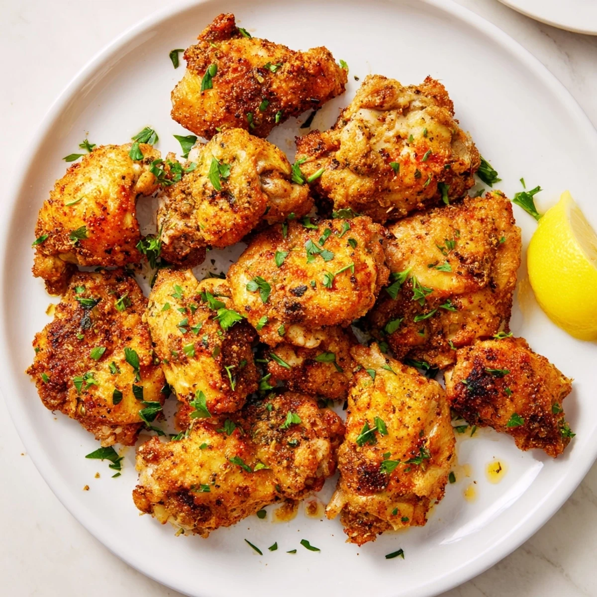 Golden Air Fryer Lemon Chicken Bites arranged on a white serving plate with fresh parsley garnish and lemon wedges