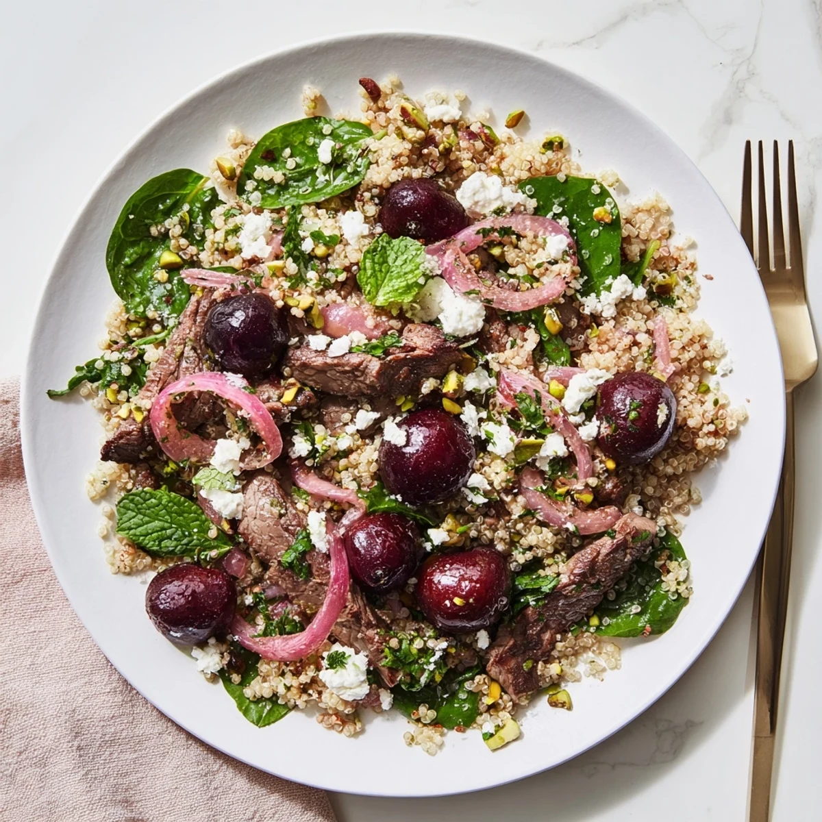 Colorful cherry quinoa salad with lamb featuring fresh spinach, feta cheese, and toasted pistachios on a white plate