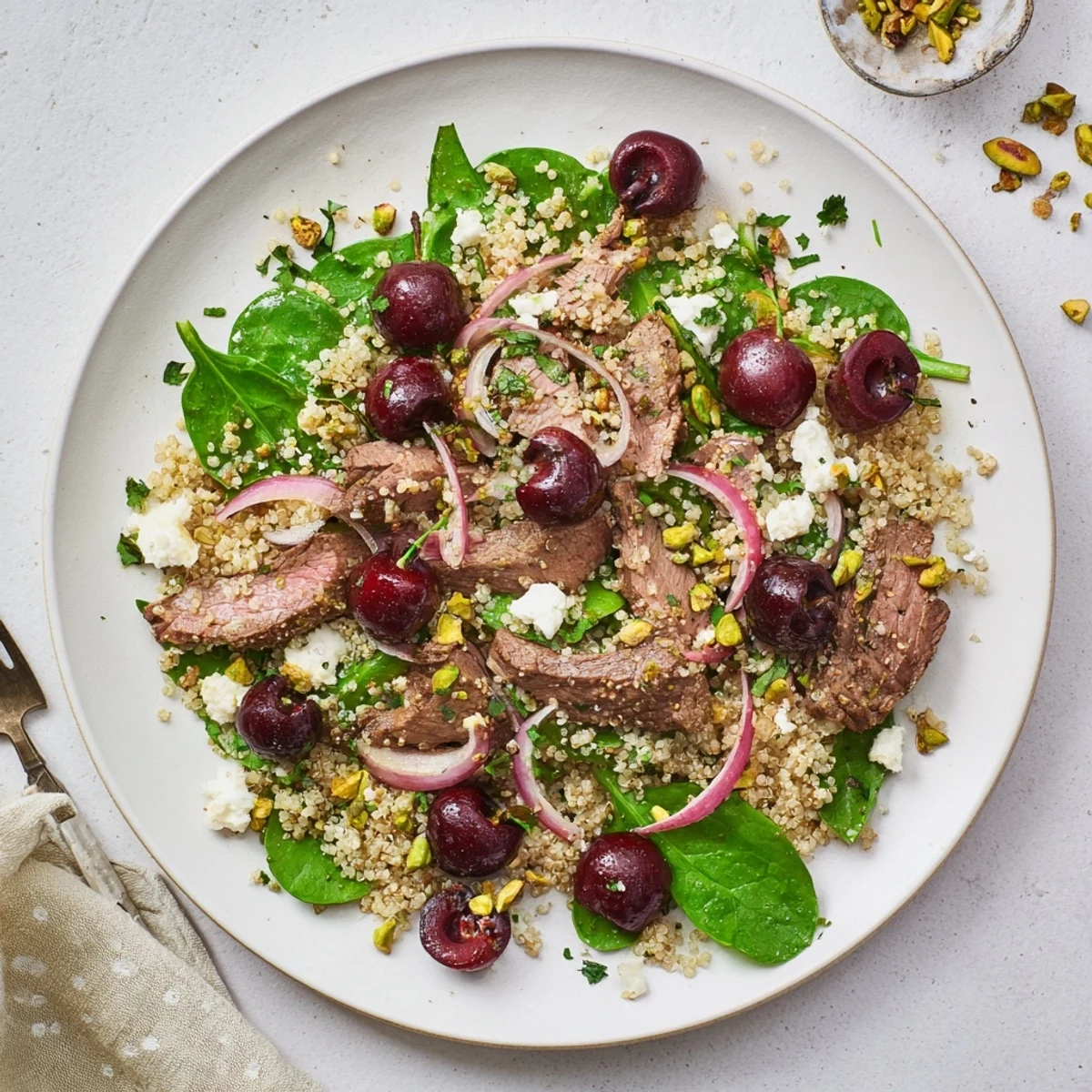 Protein-packed cherry quinoa salad with lamb showcasing red onion, baby arugula, mint, and zesty lemon dressing