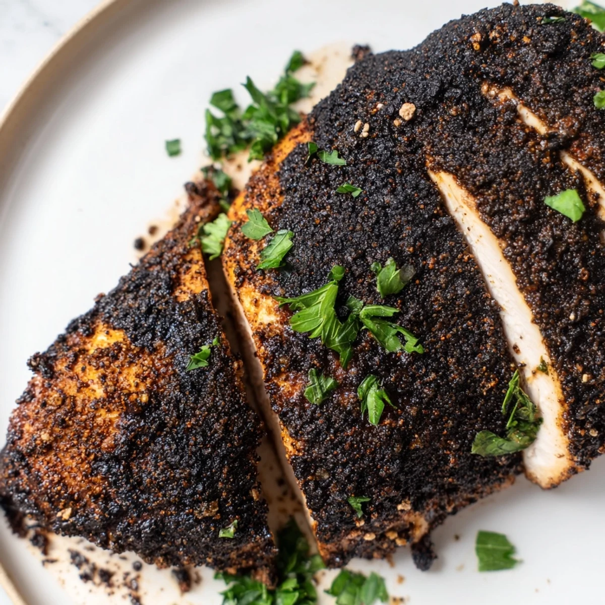 Golden blackened chicken breasts with a dark spicy crust on a white plate