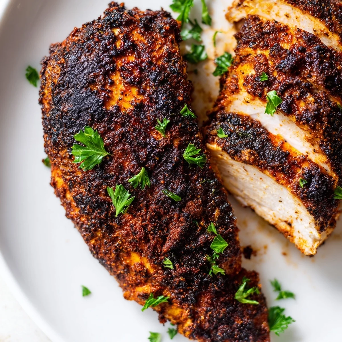 Cast iron skillet sizzling with blackened chicken coated in Cajun spice mixture