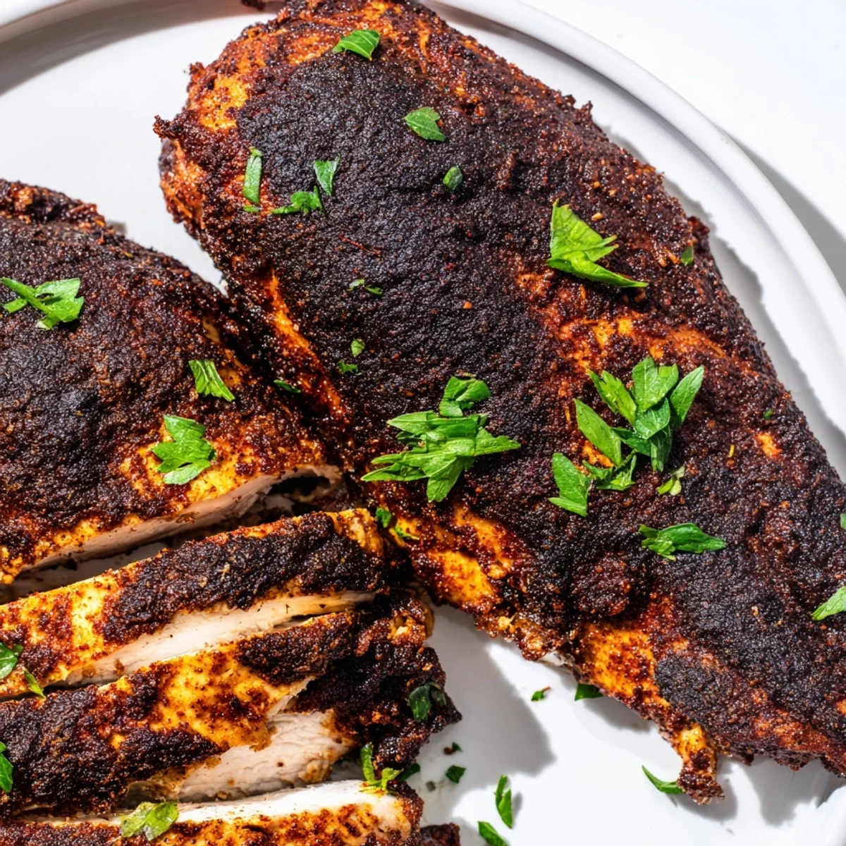 Sliced blackened chicken revealing juicy white meat with paprika spices on a wooden board