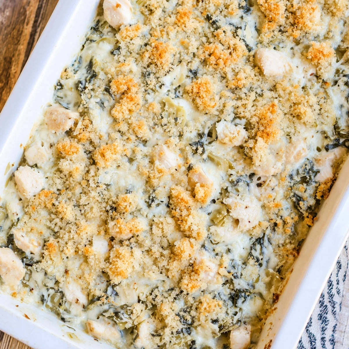 Golden brown high protein spinach and artichoke chicken casserole with bubbly cheese topping